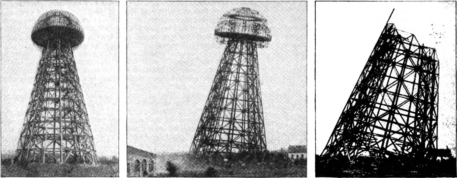 Three photographs printed side by side on a magazine page. In the first, a tapering lattice tower stands against a pale sky carrying an open dome of curved ribs. In the second, the same tower seen from further off, with the long low roof of a building beside its base. In the third, the lattice has come apart and leans over as a dense tangle of timbers, one long diagonal member running clear of the wreck against the sky.