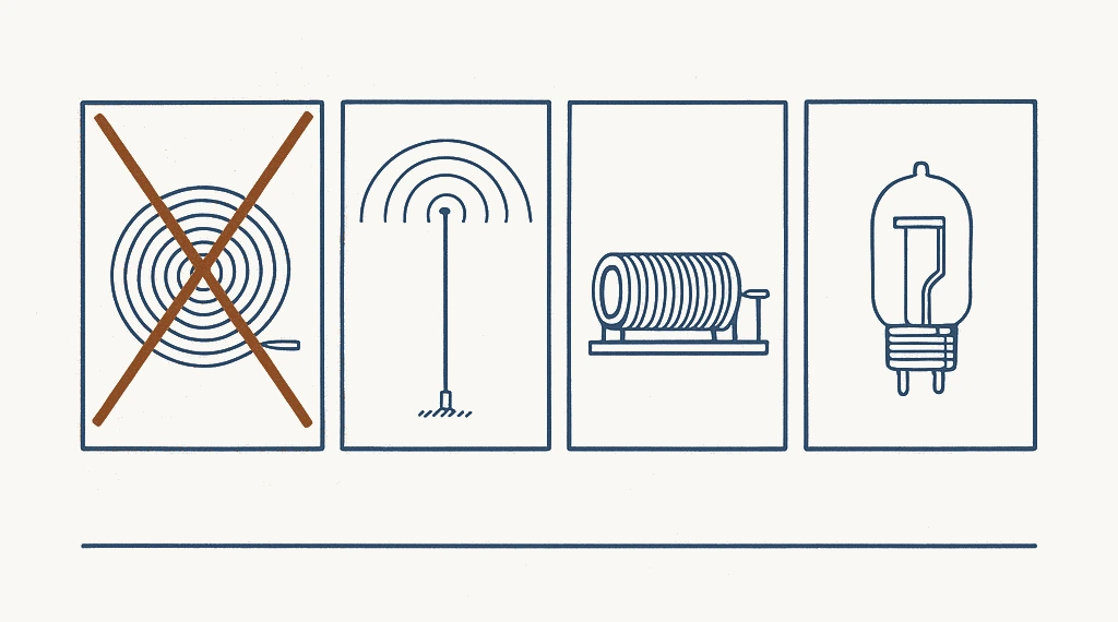 Line drawing of four patent drawing sheets standing in a row. The first holds a flat spiral tuning coil and is crossed out corner to corner by two heavy copper strokes. The second holds an aerial mast with wave arcs above it, the third a helix coil on a low frame with a slider contact beside it, the fourth a lamp-shaped valve bulb with its filament. Only the first sheet is struck through.