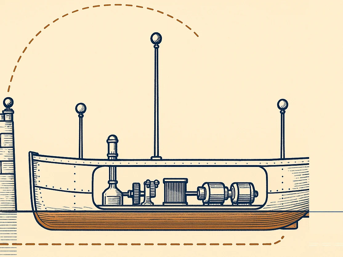 Sectional drawing of a small metal boat floating on calm water, its side cut away so the inside is visible: a row of machinery — a canister, a toothed wheel on a spindle, a drum, and two small motors on one shaft — sits in the open hull. A broad metal plate runs the whole length of the hull bottom below the waterline. Three bare rods rise from the deck, the middle one much taller than the others, each topped by a small ball. At the far left a low stone quay carries a short post with a matching ball, and a widely dashed copper line arcs through the empty sky from that post over the boat. A second dashed copper line runs through the water below. Nothing else joins the quay to the boat.