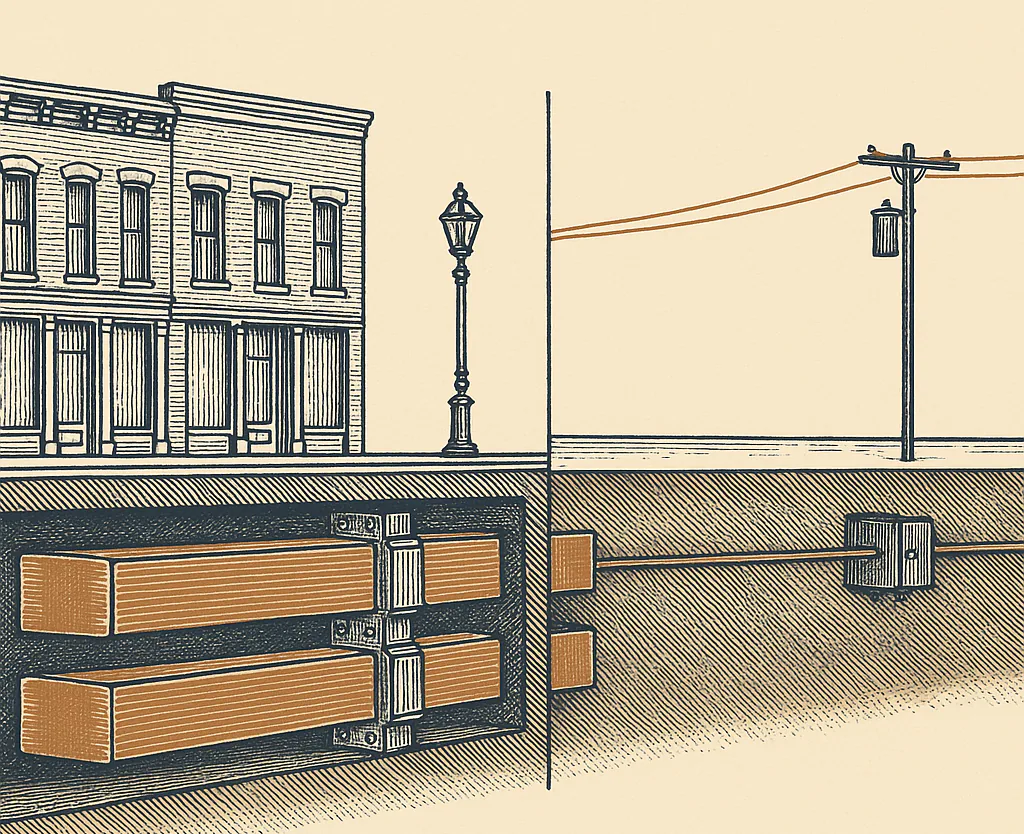 Sectional drawing of an 1880s street. Under the paving of the built-up block, two enormous square copper bars run through a brick conduit and stop dead at the edge of the district. Beyond that edge nothing is buried, and a pair of hair-thin copper wires on wooden poles carries the supply away past a small pole-mounted transformer.