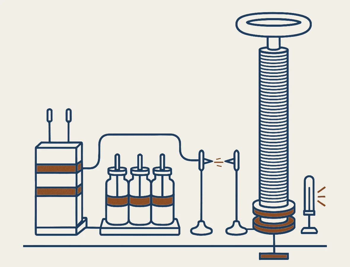 Line drawing of a high-frequency lighting apparatus standing in a row on one bench. At the left a small supply transformer, its windings drawn as copper bands. Beside it three glass jars in a wooden rack, each with a copper foil band around its lower half and a rod through its lid, joined by a wire that runs up and over to a spark gap: two upright posts carrying horizontal rods that end in points facing one another, with copper strokes in the narrow gap between the points. A short wire runs from the second post to four heavy copper rings at the foot of a tall narrow cylinder wound with hundreds of fine turns and closed at the top by a plain metal ring, and a wire drops from that foot below the bench line to a buried copper plate. At the far right, standing alone on its own small foot and connected to nothing, a sealed glass tube with a few short copper rays beside it.