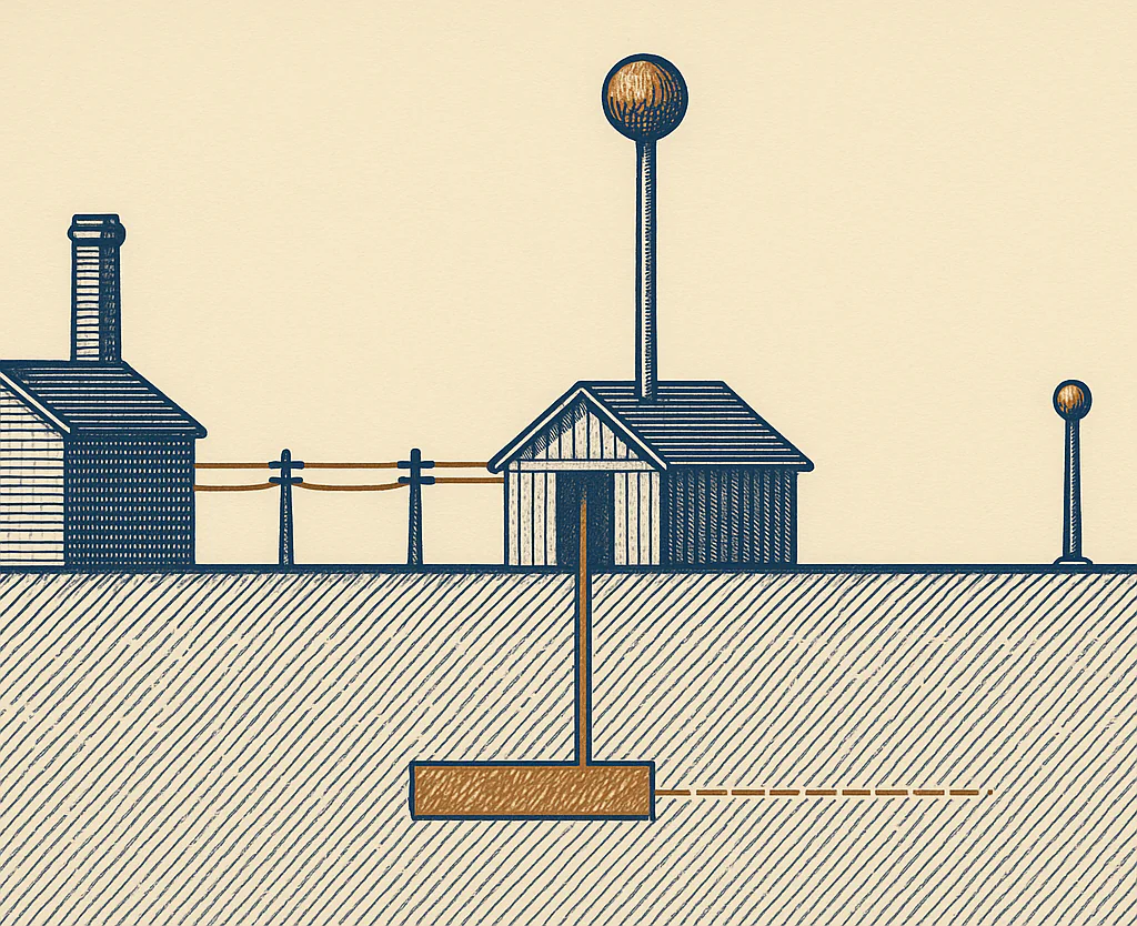 Sectional drawing of a plain wooden shed standing on open ground with a very tall, very slender mast rising from it and a copper sphere at its top. Ordinary overhead wires on short poles bring current to the shed from a small brick engine house with a chimney at the left. Below the ground line, a heavy copper conductor drops from the mast into a broad buried copper plate, and the copper path continues rightward through the earth, breaking into shorter and shorter dashes until it fades away well before it reaches a small distant receiving mast.